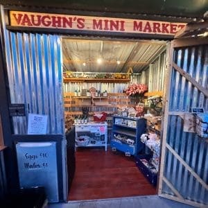 Interior of Vaughn's Mini Market with shelves stocked with a variety of items, including food products and household goods. A sign displays prices for eggs and water.