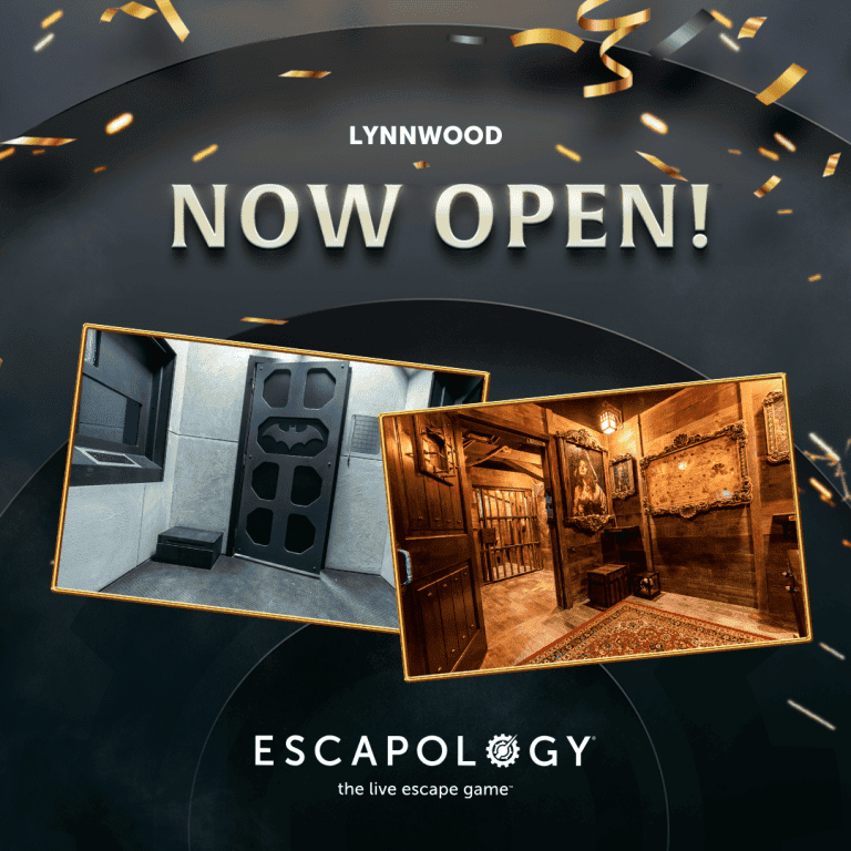 Promotional graphic announces the opening of Escapology Escape Rooms in Lynnwood, featuring two themed escape room interiors and celebratory confetti at the top.