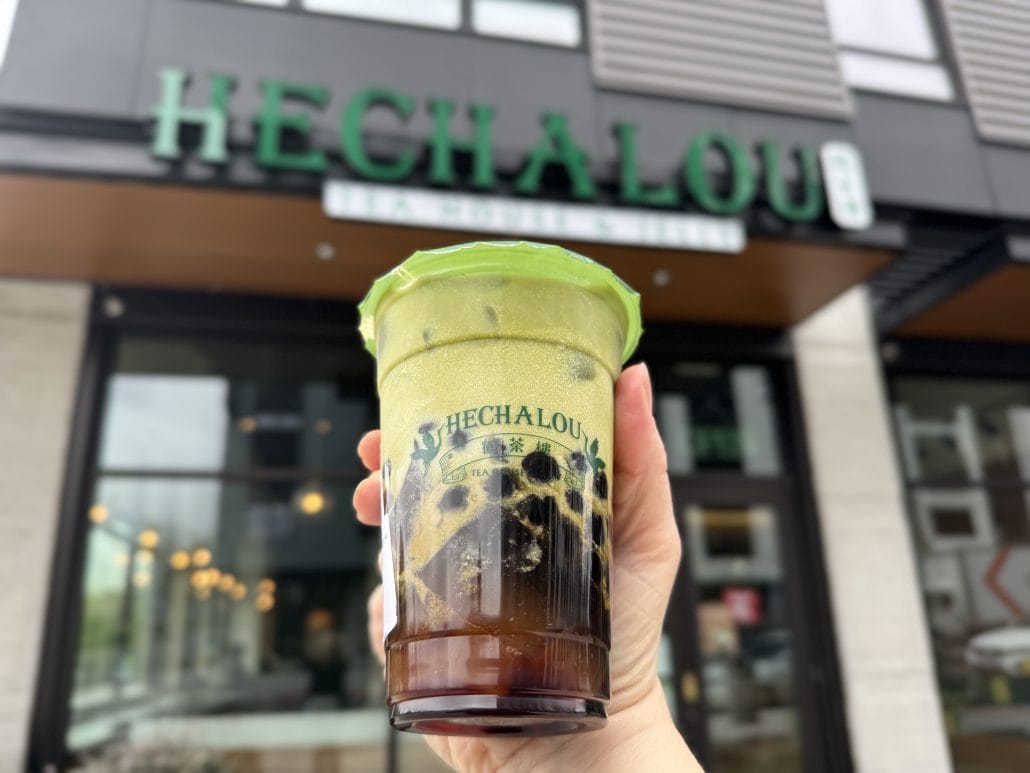 Colorful bubble tea drink in front of Hechalou restaurant in Lynnwood, WA.