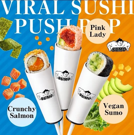 Three sushi rolls with different fillings and seaweed wraps on a colorful background.